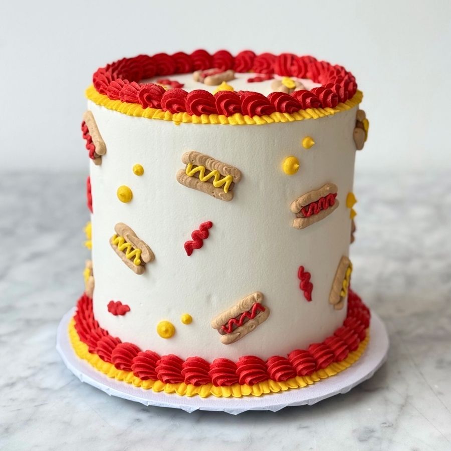 A full view of a tall red cake on a white board. The cake has yellow mustard-style frosting, white ruffles, and blue and white decorations. It is shown on a marble table against a plain background.