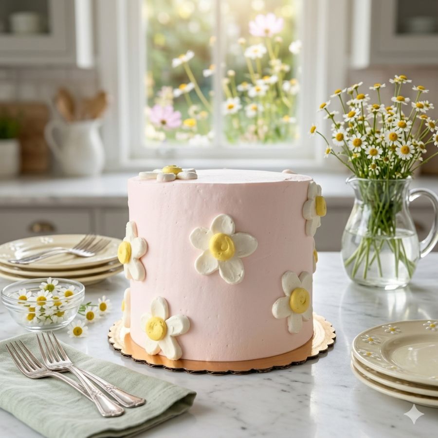 Pink cake with white flowers on a kitchen counter with a window and flowers in the background.