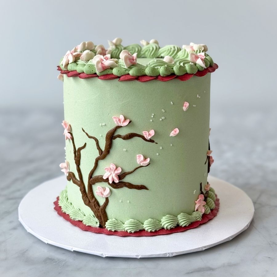 A full view of a tall, cylindrical "Princess Warrior" cake. The cake is covered in light green frosting and decorated with a cherry blossom tree branch and falling pink petals. The top and bottom are finished with elaborate green piping and a rich red scalloped base, set on a white cake board against a marble background.